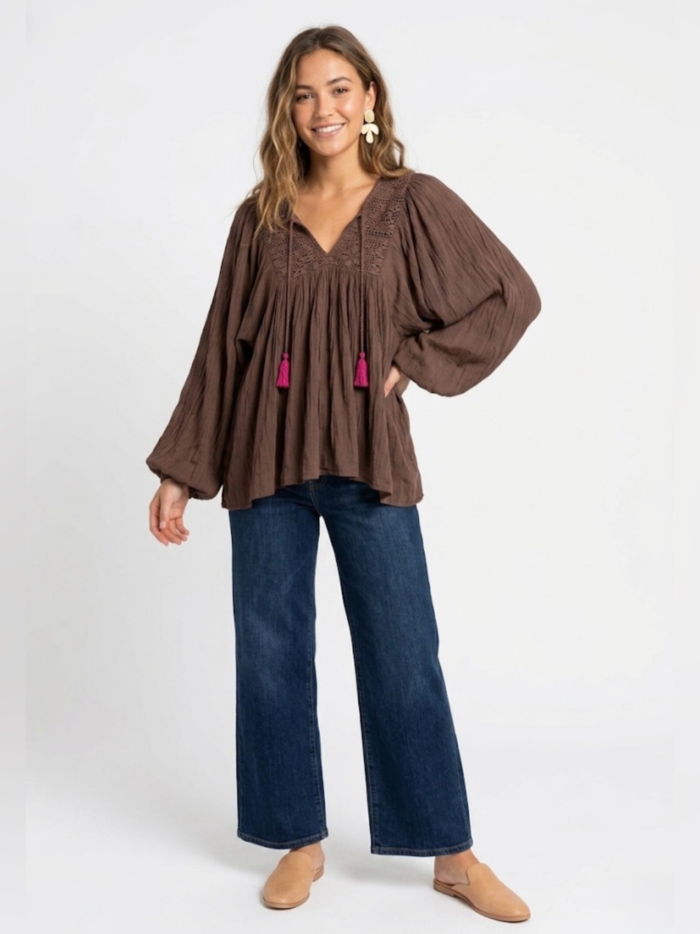 Blue Boheme Dahlia Crochet Tunic Blouse One Size NWT Brown Boho Tassel Peasant